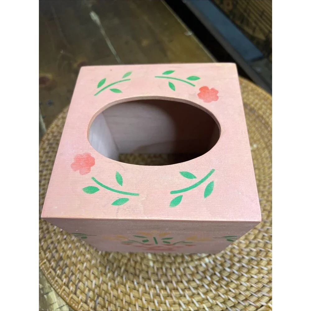 Vintage Square Wood Hand Stenciled Tissue Box Cover Primitive Flowers
